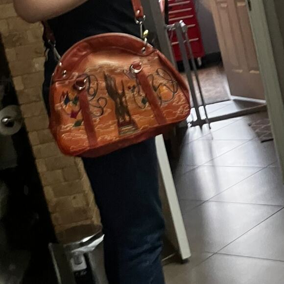 Vintage Tooled Leather Handbag Abstract Art Design Brown Shoulder Purse - Picture 6 of 8